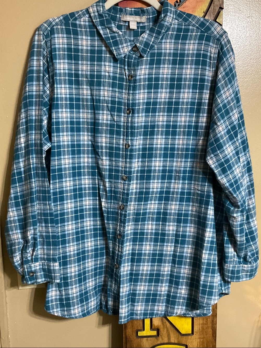 Woman Within Teal Plaid Flannel with Applied Quilt - Picture 2 of 8
